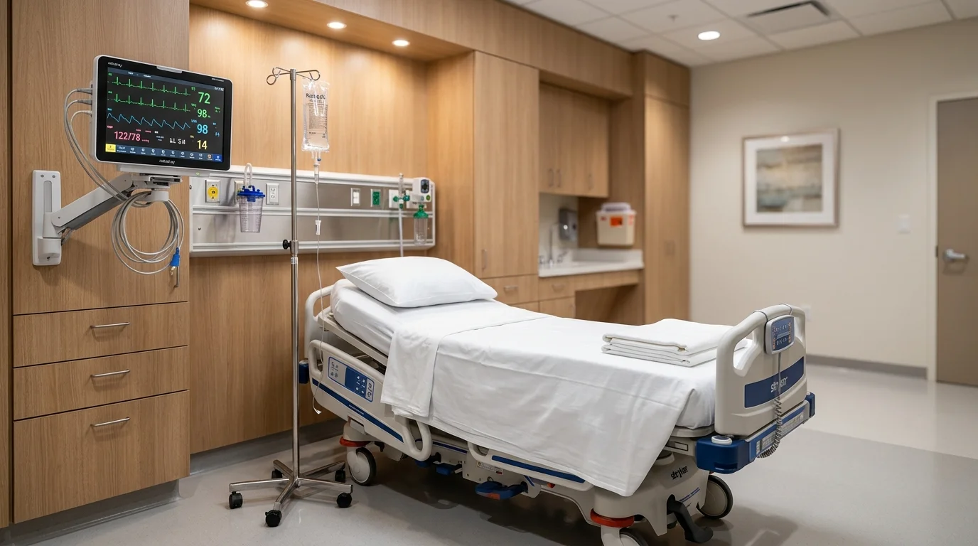 Private emergency care suite at Bellaire ER featuring cardiac monitor, comfortable bed, and calm clinical environment